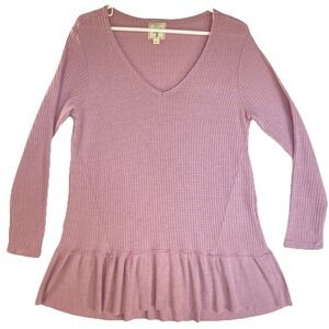 Colortree Mauve Peplum Waffle Knit Ruffle Hem Thermal V Neck Casual Top Womens L